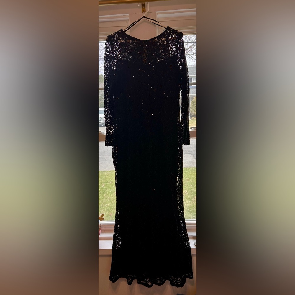 Black Lace and Sequins Long-Sleeve Evening Dress